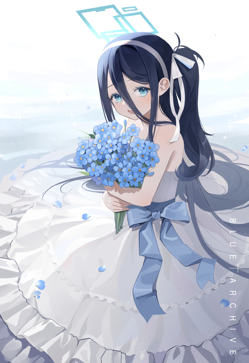 1girl absurdres alternate_costume aqua_eyes aris_(blue_archive) bare_arms bare_shoulders blue_archive blue_background blue_bow blue_flower blue_hair bouquet bow commentary_request dark_blue_hair dress flower frilled_dress frills hair_between_eyes hair_ribbon hairband halo highres holding holding_bouquet long_bangs long_hair looking_at_viewer nadesiko97 open_mouth ponytail ribbon sidelocks simple_background sleeveless sleeveless_dress smile solo strapless strapless_dress teeth upper_teeth_only very_long_hair white_background white_dress white_hairband white_ribbon