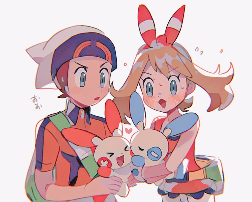 1boy 1girl brendan_(pokemon) commentary creatures_(company) diamond_mouth game_freak gen_3_pokemon hat heart hinann_bot holding holding_pokemon may_(pokemon) minun nintendo plusle pokemon pokemon_(creature) pokemon_oras simple_background symbol-only_commentary white_background