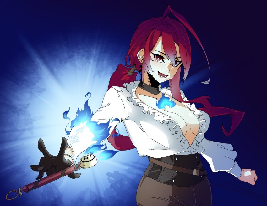 1girl ahoge alternate_costume alternate_hairstyle blue_fire breasts elizabeth_rose_bloodflame fire highres hololive hololive_english huge_ahoge joeboto long_hair looking_at_viewer low_ponytail medium_breasts open_mouth red_eyes red_hair smile solo very_long_hair virtual_youtuber