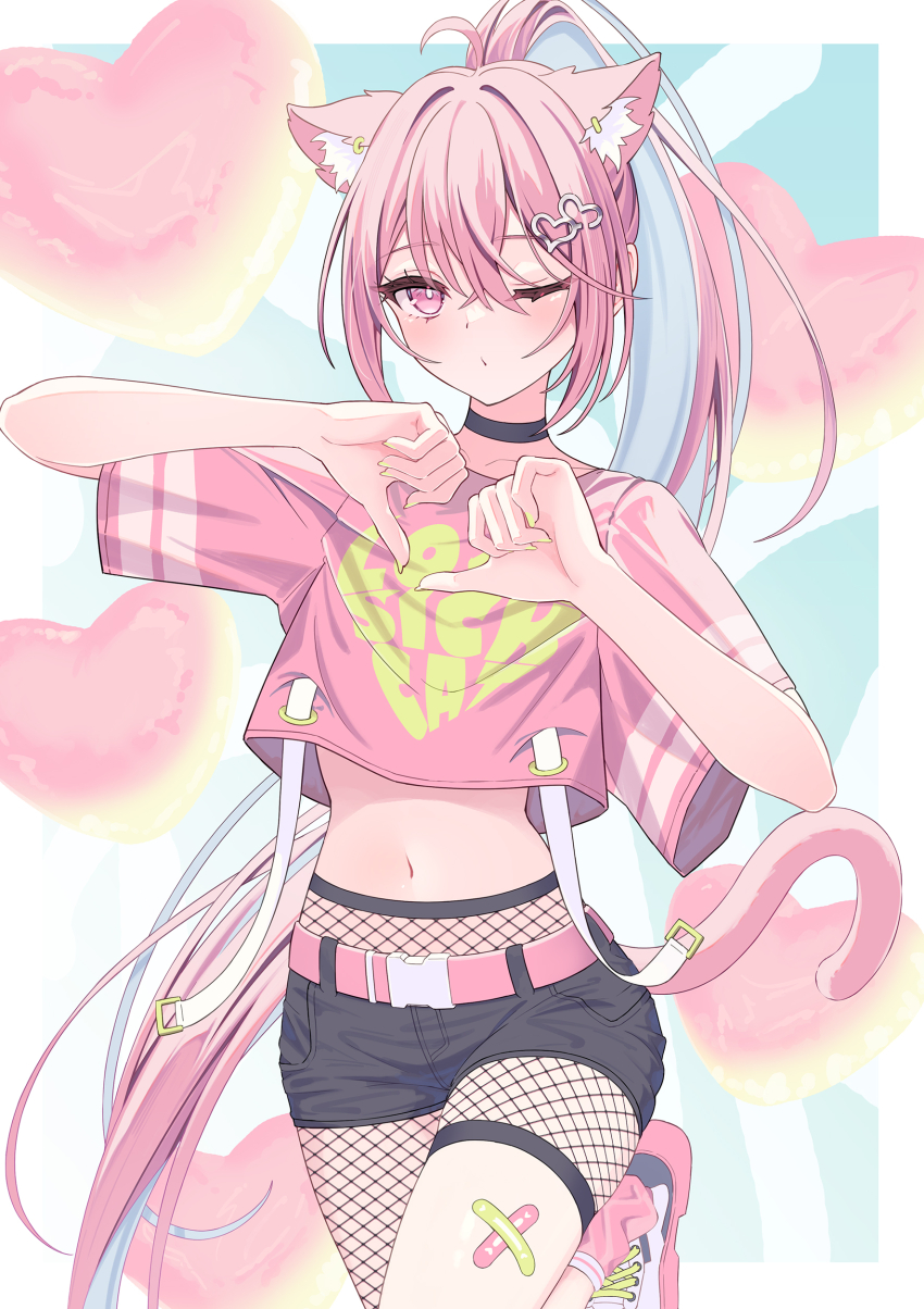 1girl absurdres animal_ears balloon bandaid belt black_choker black_shorts bright_pupils cat_ears cat_girl cat_tail choker closed_mouth crop_top crop_top_overhang fishnet_pantyhose fishnets heart heart_balloon heart_hands highres leg_up long_hair looking_at_viewer lows. midriff multicolored_hair navel one_eye_closed original pantyhose pink_eyes pink_hair pink_shirt pink_socks ponytail ruka_(lows.) shirt shoes short_shorts short_sleeves shorts sneakers socks solo stomach streaked_hair suspenders tail thighs very_long_hair