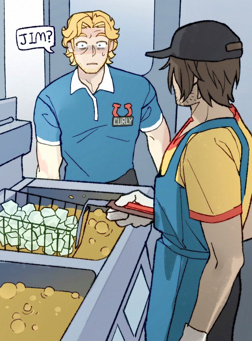 2boys black_hat black_pants blonde_hair blue_eyes blue_shirt brown_hair cooking cooking_oil curly_(mouthwashing) deep_fryer deep_frying dule_(anhaidule) employee_uniform facial_hair fast_food_uniform gloves hat highres holding ice jimmy_(mouthwashing) male_focus mouthwashing multiple_boys pants shirt short_hair short_sleeves sweatdrop turn_pale white_gloves yellow_shirt