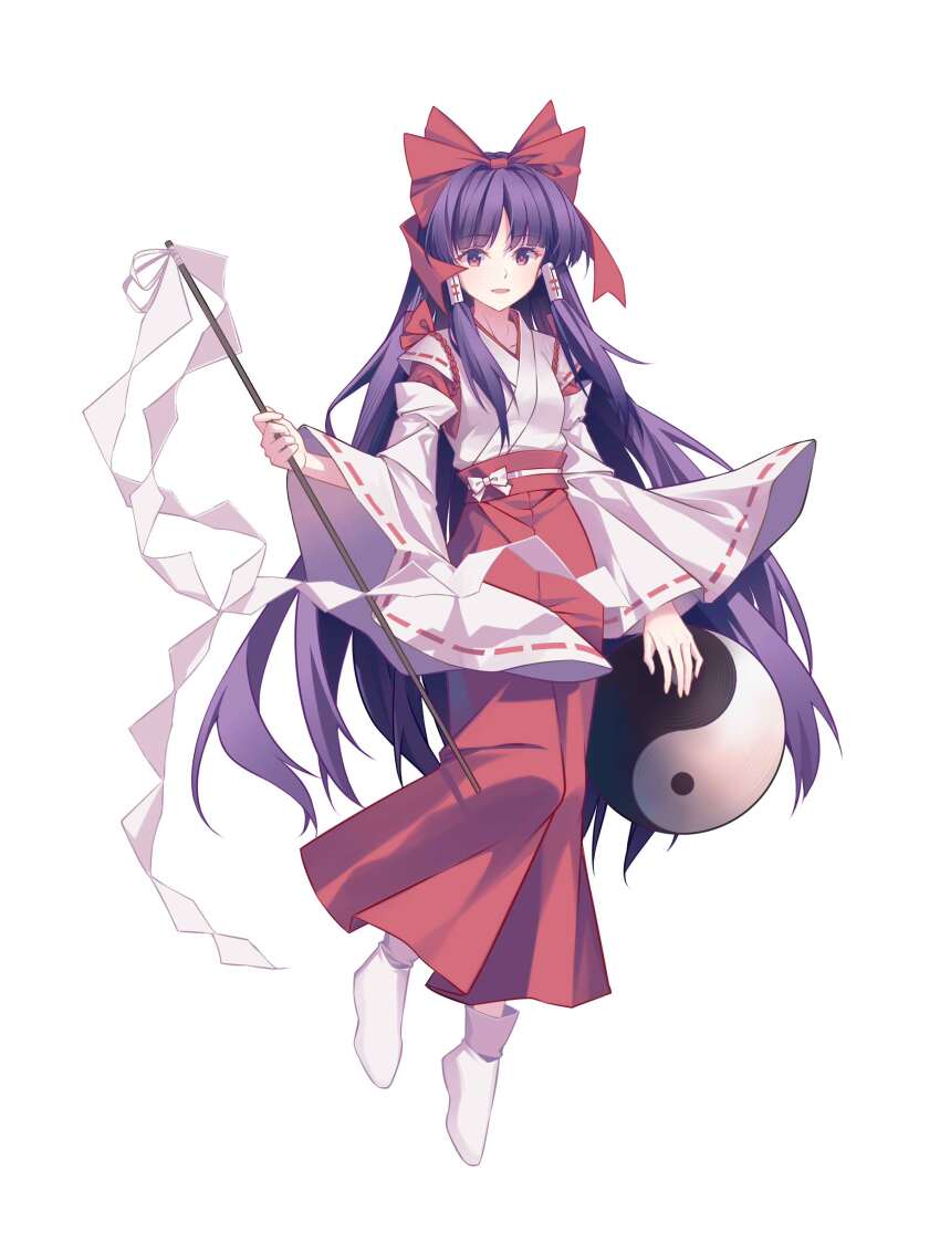 1girl absurdres bow chinese_commentary commentary_request detached_sleeves gohei hair_bow hair_tubes hakama hakama_pants hakurei_reimu hakurei_reimu_(pc-98) highres holding holding_gohei japanese_clothes long_hair long_sleeves miko minuo open_mouth orb pants purple_eyes purple_hair red_bow red_hakama simple_background skirt smile socks solo touhou touhou_(pc-98) white_background white_socks wide_sleeves yin_yang yin_yang_orb