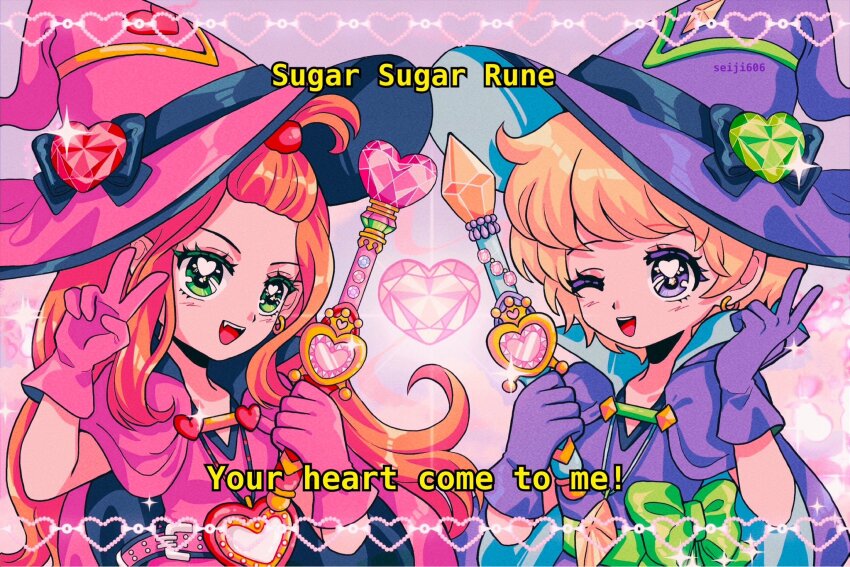 1990s_(style) 2girls blonde_hair blush cape chocolat_meilleure commentary earrings english_commentary gloves green_eyes hat heart heart_pendant highres holding holding_wand jewelry long_hair mixed-language_commentary multiple_girls one_eye_closed open_mouth orange_hair pink_cape pink_gloves purple_cape purple_eyes purple_gloves retro_artstyle seiji606 short_hair smile sugar_sugar_rune thai_commentary upper_body v vanilla_mieux wand witch_hat