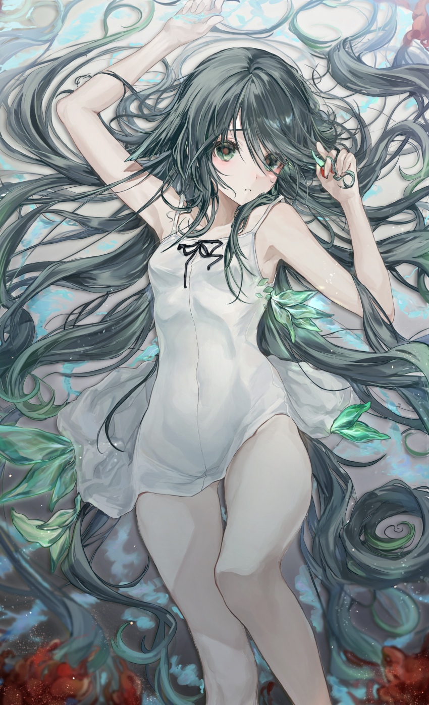 1girl absurdres bare_shoulders dress green_eyes green_hair highres long_hair looking_at_viewer lying ribbon saya_(saya_no_uta) saya_no_uta solo toqha3247 white_dress