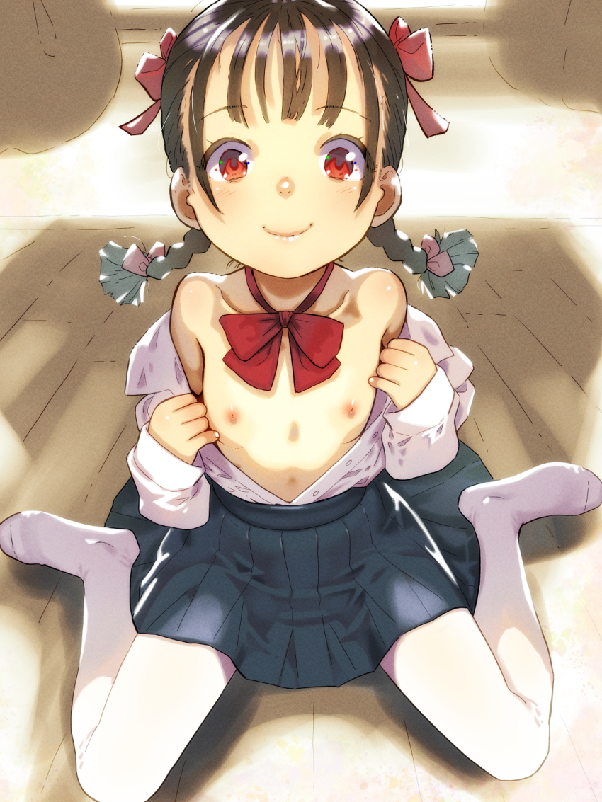 1girl black_hair blue_skirt bow bowtie braid closed_mouth collarbone female_focus flat_chest hair_ribbon highres long_sleeves looking_at_viewer medium_hair nipples on_floor open_clothes open_shirt original pantyhose pleated_skirt red_bow red_eyes red_ribbon ribbon sitting skirt sleeves_past_wrists smile solo soon_(c-u-soon) straight-on twin_braids variant_set wariza white_pantyhose wooden_floor