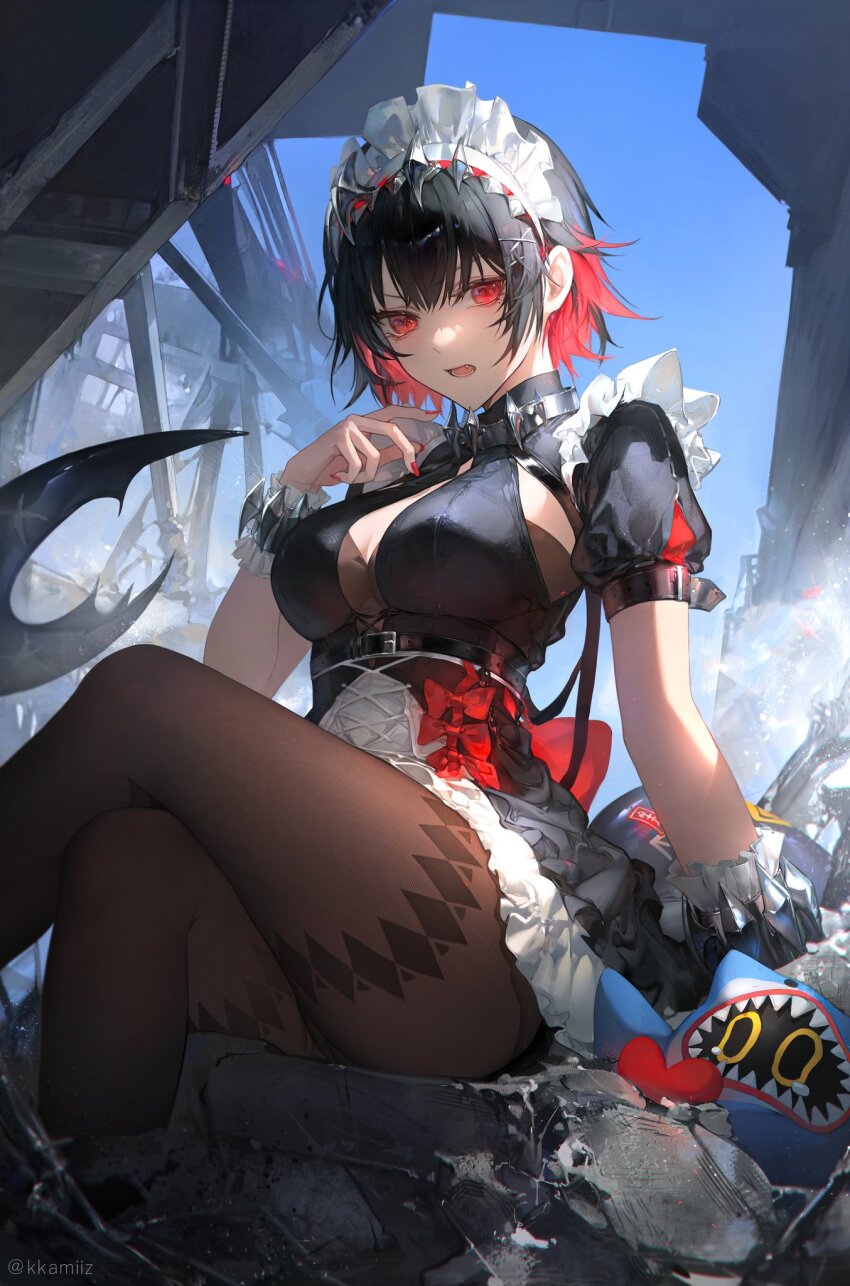 1girl adapted_costume black_hair black_pantyhose blue_sky colored_inner_hair crossed_legs ellen_joe fins fish_tail highres juliet_sleeves kkamiiz long_sleeves maid maid_headdress metal_hairband mole mole_under_eye multicolored_hair open_mouth pantyhose puffy_sleeves red_eyes red_nails shark_girl shark_tail sharkboo_(zenless_zone_zero) short_hair sky solo tail zenless_zone_zero