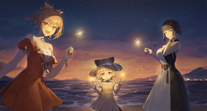 3girls :d bare_shoulders black_dress black_hat blonde_hair breasts brown_hair chest_tattoo choker cleavage closed_mouth cotta_(heleif) dress expressionless genshin_impact hand_up hands_up hat highres holding holding_fireworks kujou_sara looking_at_viewer medium_hair multiple_girls off-shoulder_dress off_shoulder open_mouth orange_dress outbeach outdoors parted_lips sayu_(genshin_impact) short_hair short_sleeves short_twintails sky smile standing star_(sky) starry_sky tattoo twintails two-tone_dress white_choker white_dress yellow_eyes yoimiya_(genshin_impact)