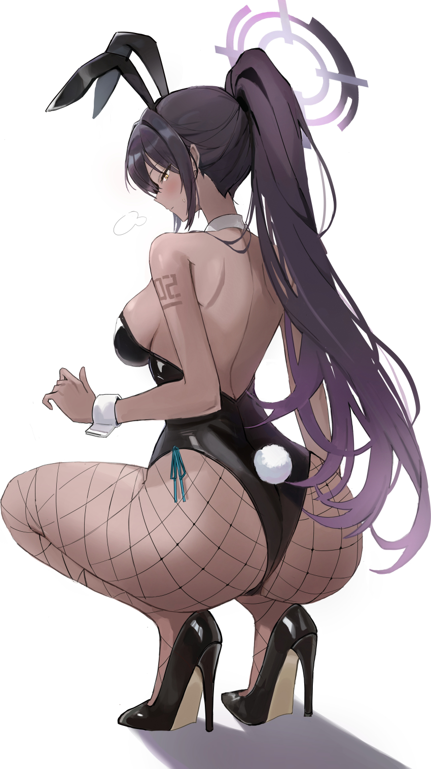 1girl absurdres animal_ear_hairband animal_ears arm_tattoo ass backless_leotard black_hair black_leotard blue_archive breasts dark-skinned_female dark_skin fake_animal_ears fishnet_pantyhose fishnets full_body hairband halo high_heels high_ponytail highres karin_(blue_archive) karin_(bunny)_(blue_archive) large_breasts leotard pantyhose playboy_bunny ponytail rabbit_ear_hairband rabbit_ears rabbit_tail rimmon solo squatting tail tattoo wrist_cuffs yellow_eyes