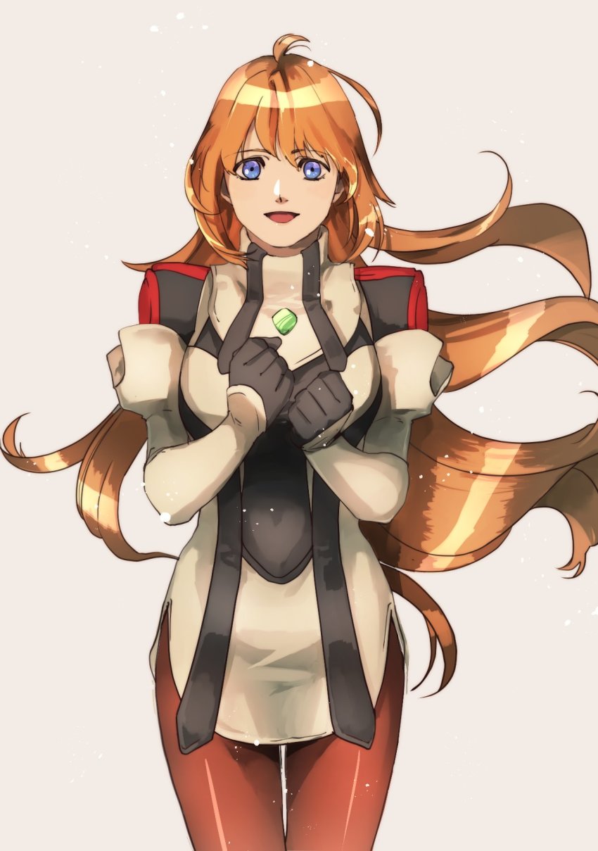 1girl black_gloves dress elhaym_van_houten gloves highres long_hair looking_at_viewer open_mouth orange_hair pantyhose sayasaka simple_background skirt smile solo uniform very_long_hair xenogears