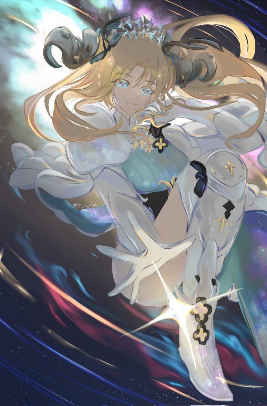 1girl artist_name blonde_hair blue_eyes blue_footwear blue_leggings closed_mouth commentary crown english_commentary ereshkigal_(fate) fate/grand_order fate_(series) flower frills gloves hand_in_own_hair highres horns leggings looking_at_viewer outstretched_hand shooting_star sitting smile space space_ereshkigal_(fate) space_ereshkigal_(third_ascension)_(fate) sparkle star_(symbol) twitter_username white_footwear white_gloves white_leggings yeraelia