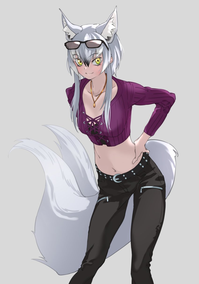 1girl absurdres animal_ear_fluff animal_ears belt black_pants commentary extra_ears grey_background grey_hair hair_between_eyes hand_on_own_hip highres jewelry kemono_friends long_sleeves looking_at_viewer makami_(kemono_friends) midriff multiple_tails necklace official_alternate_costume pants short_hair_with_long_locks sidelocks simple_background smile solo tail tanabe_(fueisei) wolf_ears wolf_tail yellow_eyes