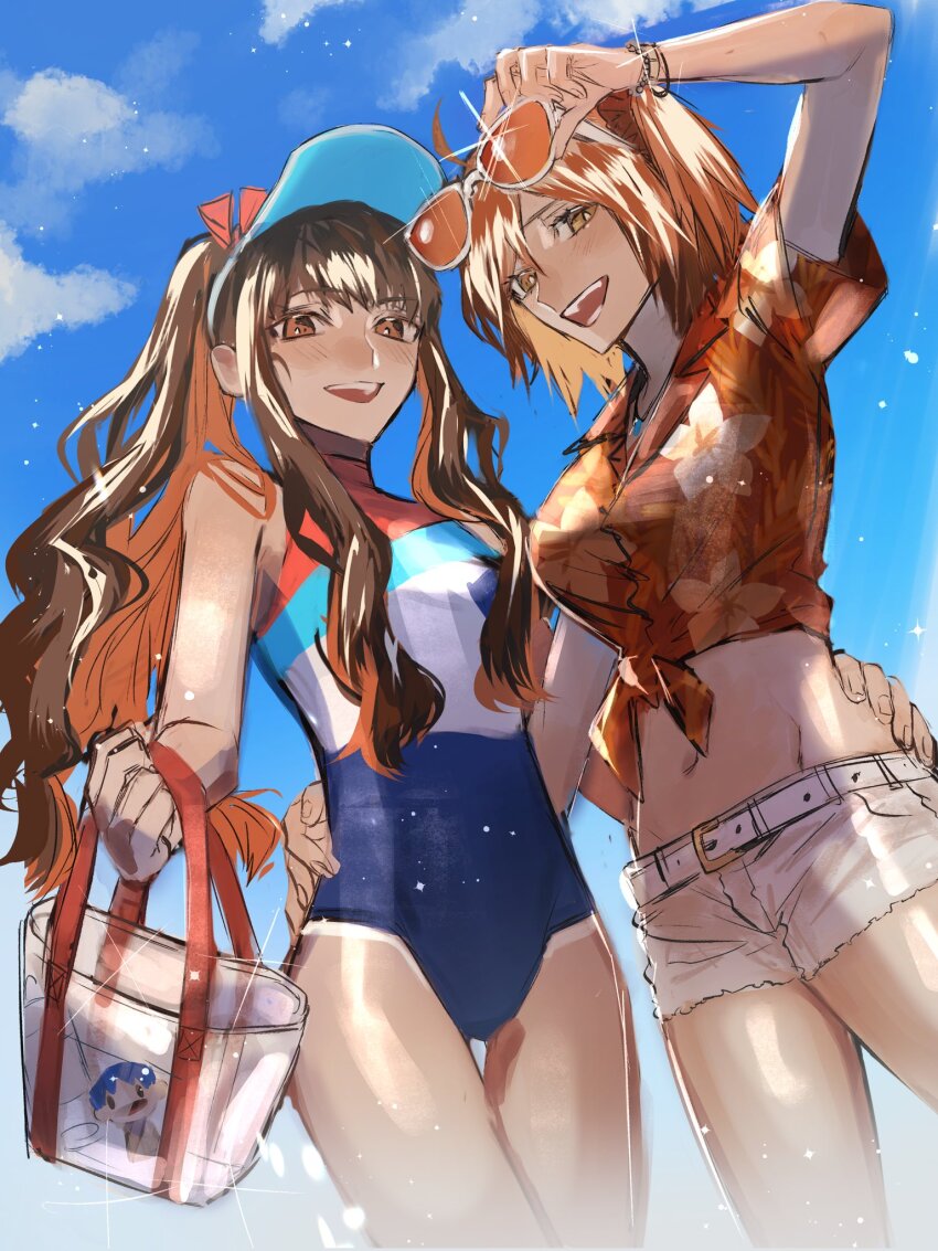 2girls adjusting_eyewear arm_up bag bare_arms bare_shoulders belt blue_sky brown_eyes brown_hair cloud cloudy_sky colored_inner_hair commentary_request cowboy_shot dark-skinned_female dark_skin eyewear_on_head facing_viewer fate/grand_order fate_(series) floral_print_shirt from_below fujimaru_ritsuka_(female) fujimaru_ritsuka_(female)_(tropical_summer) hair_behind_ear hand_on_another&#039;s_hip hand_on_eyewear hand_up handbag highres holding holding_bag jewelry kishinami_hakuno_(female) looking_at_viewer matou_shinji_(fate/extra) midriff multicolored_clothes multicolored_hair multicolored_swimsuit multiple_girls navel necklace one-piece_swimsuit one_side_up open_mouth orange-tinted_eyewear orange_hair orange_shirt ou_syoku7 outdoors shirt short_hair short_shorts short_sleeves shorts side_ponytail sidelocks sketch sky summer swimsuit tan tanline teeth thighs tied_shirt tinted_eyewear two-tone_hair upper_teeth_only visor_cap wavy_hair white-framed_eyewear white_belt white_shorts