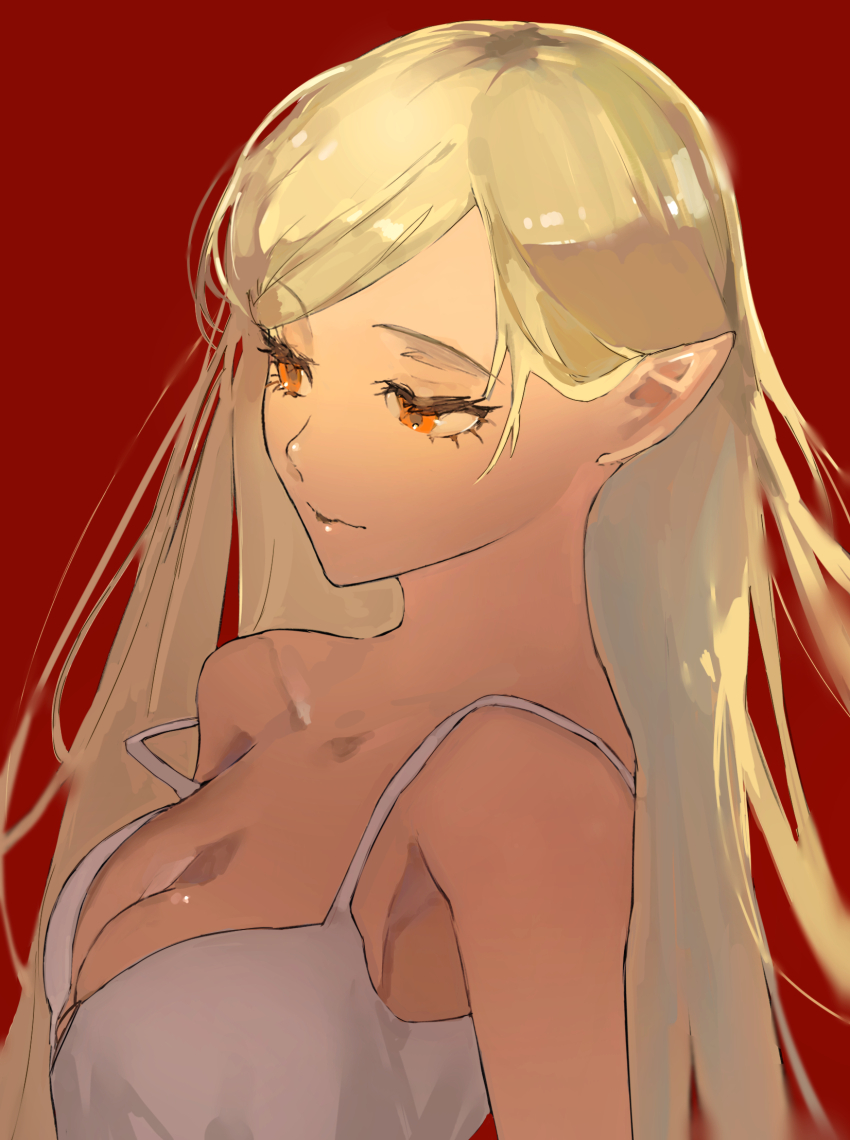 1girl bakemonogatari blonde_hair breasts cleavage highres long_hair looking_down medium_breasts monogatari_(series) orange_eyes oshino_shinobu pointy_ears red_background shirt shoulder_strap shru_(ss_sl99) simple_background solo white_shirt