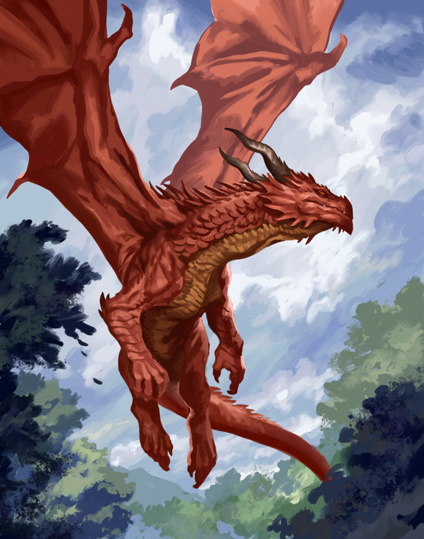 absurdres animal_focus black_horns blue_sky cloud cloudy_sky day dragon flying full_body highres horns mad_(artist) monster no_humans no_lineart original outdoors red_eyes red_scales scales sky solo tail western_dragon wings