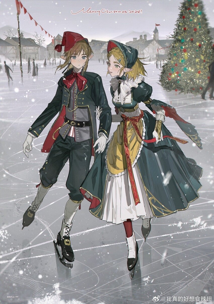 1boy 1girl akihare belt bishounen black_belt black_footwear blonde_hair blue_pants bow bowtie building christmas christmas_ornaments christmas_tree couple dress gloves grey_eyes grey_sky hair_ornament hairclip hat highres holding_another&#039;s_arm ice_skates ice_skating jacket link long_hair looking_at_another merry_christmas nintendo on_ice pants pointy_ears princess_zelda red_bow red_bowtie red_hat red_ribbon ribbon skates skating sky snowing socks string_of_flags the_legend_of_zelda white_gloves white_socks winter