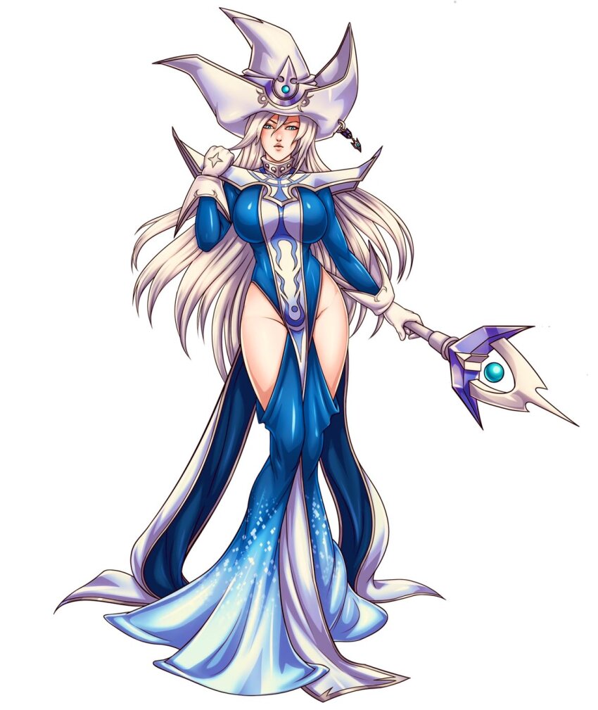 1girl blue_dress breasts dress duel_monster gloves grey_hair hat highres hip_vent holding holding_staff large_breasts long_hair looking_at_viewer madamkraken silent_magician simple_background staff white_background white_gloves white_hat wizard_hat yu-gi-oh!