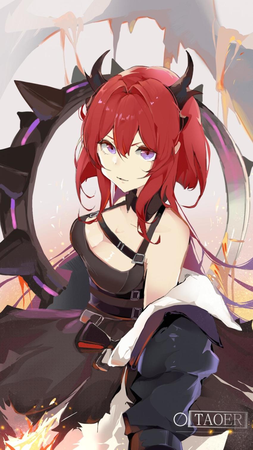 1girl arknights artist_name bare_shoulders black_dress breasts cleavage commentary detached_collar dress hair_between_eyes hair_intakes highres horns long_hair looking_at_viewer medium_breasts off_shoulder parted_lips purple_eyes red_hair solo surtr_(arknights) taoer. upper_body