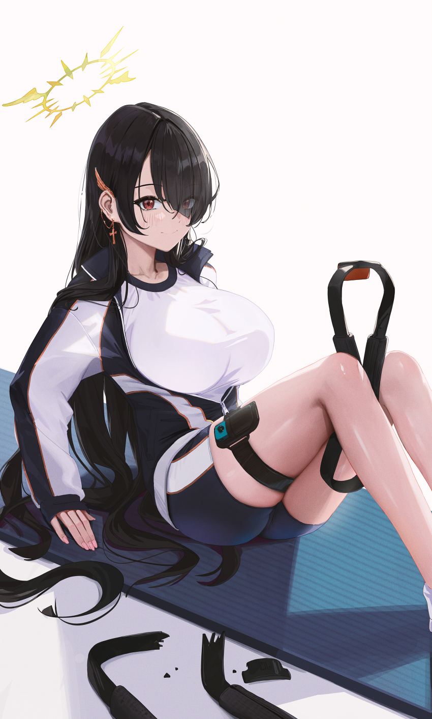 1girl absurdres alternate_costume black_hair blue_archive breasts collarbone controller exercising fieryonion hair_over_one_eye halo highres hinata_(blue_archive) holster jacket large_breasts light_blush long_hair looking_at_viewer nintendo open_mouth parted_hair partially_unzipped red_eyes shirt simple_background solo taut_clothes taut_shirt thigh_holster track_jacket very_long_hair white_background white_shirt yellow_halo