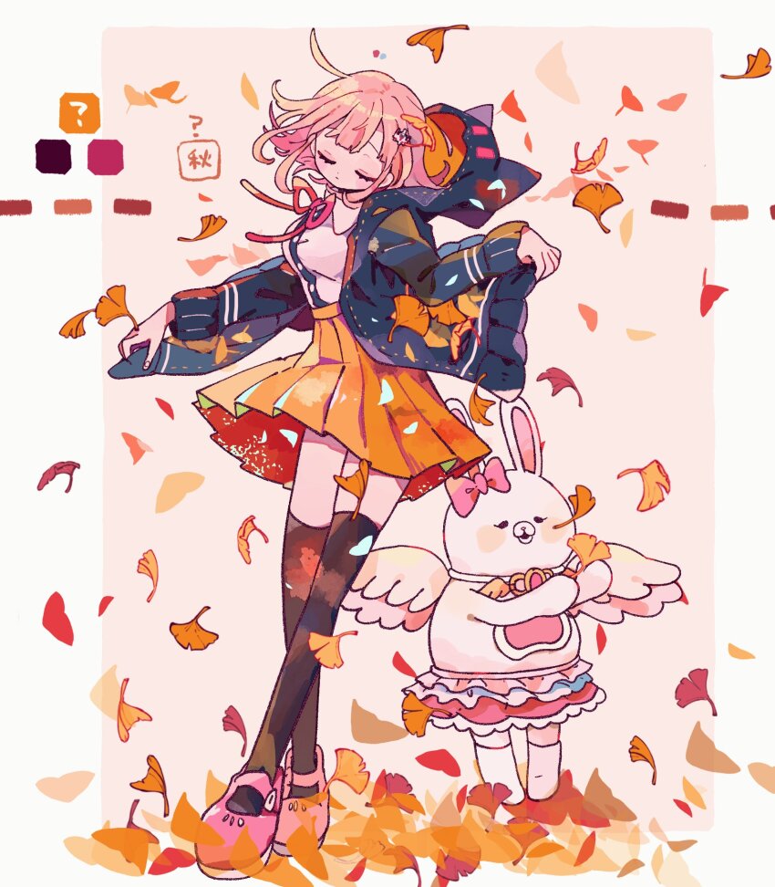 1girl ? angel_wings animal_ear_hood animal_ears autumn autumn_leaves black_jacket black_thighhighs blush_stickers border bow breasts buttons cat_ears closed_eyes closed_mouth collared_shirt commentary_request crossed_legs danganronpa_(series) danganronpa_2:_goodbye_despair dotted_line dress_shirt expressionless eyelashes fake_animal_ears falling_leaves floating_clothes full_body galaga hair_ornament hairclip high-waist_skirt highres hood jacket leaf leaf_pile magical_girl mary_janes miniskirt nanami_chiaki neck_ribbon open_clothes open_jacket orange_skirt osshouri55 pink_background pink_bow pink_footwear pink_hair pink_ribbon pleated_skirt rabbit ribbon ribbon-trimmed_jacket shirt shoes short_hair skirt standing thighhighs two-sided_fabric two-sided_jacket usami_(danganronpa) white_border white_shirt white_wings winged_animal wings