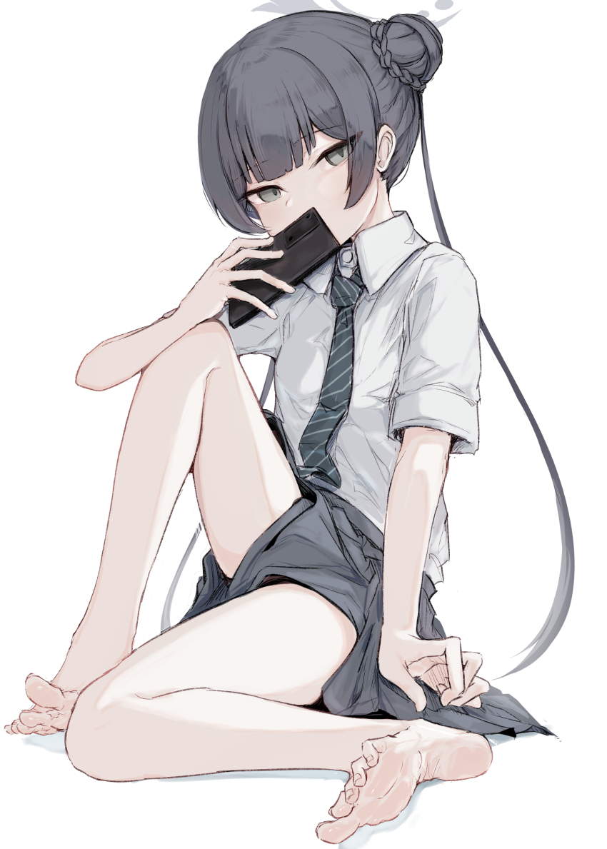 1girl absurdres barefoot black_hair black_skirt blue_archive blue_necktie blunt_bangs braid braided_bun collared_shirt covering_own_mouth grey_eyes grey_halo hair_bun halo highres holding holding_weapon kisaki_(blue_archive) long_hair looking_at_viewer mok4suke necktie pleated_skirt school_uniform shirt simple_background sitting skirt solo striped_necktie twintails weapon white_background white_shirt