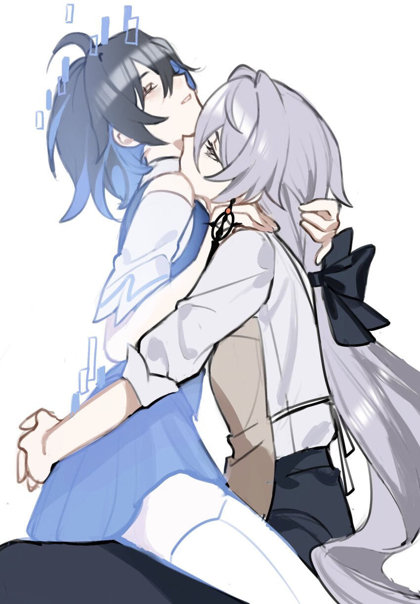 2girls ahoge black_bow black_hair blue_dress blue_hair bow bronya_zaychik dress grey_hair hair_bow highres honkai_(series) honkai_impact_3rd hug mie_xing multicolored_hair multiple_girls parted_lips seele_vollerei shirt short_dress simple_background two-tone_hair white_background white_shirt yuri