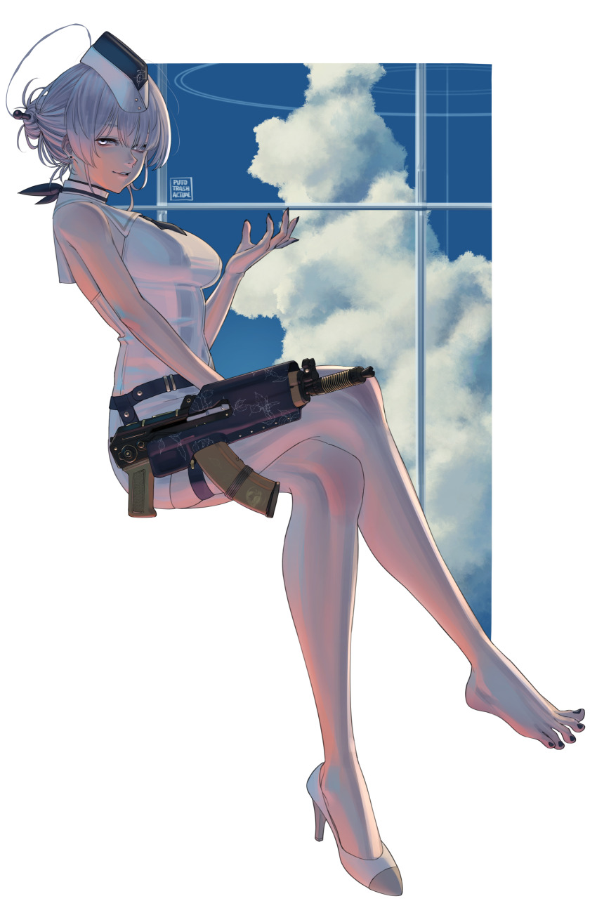 1girl absurdres barefoot crossed_legs feet grey_eyes grey_hair gun hair_bun hair_ornament hairpin highres itokonoue_kaoru long_hair looking_at_viewer parted_lips project_kv puto_trash shoes single_shoe toes weapon