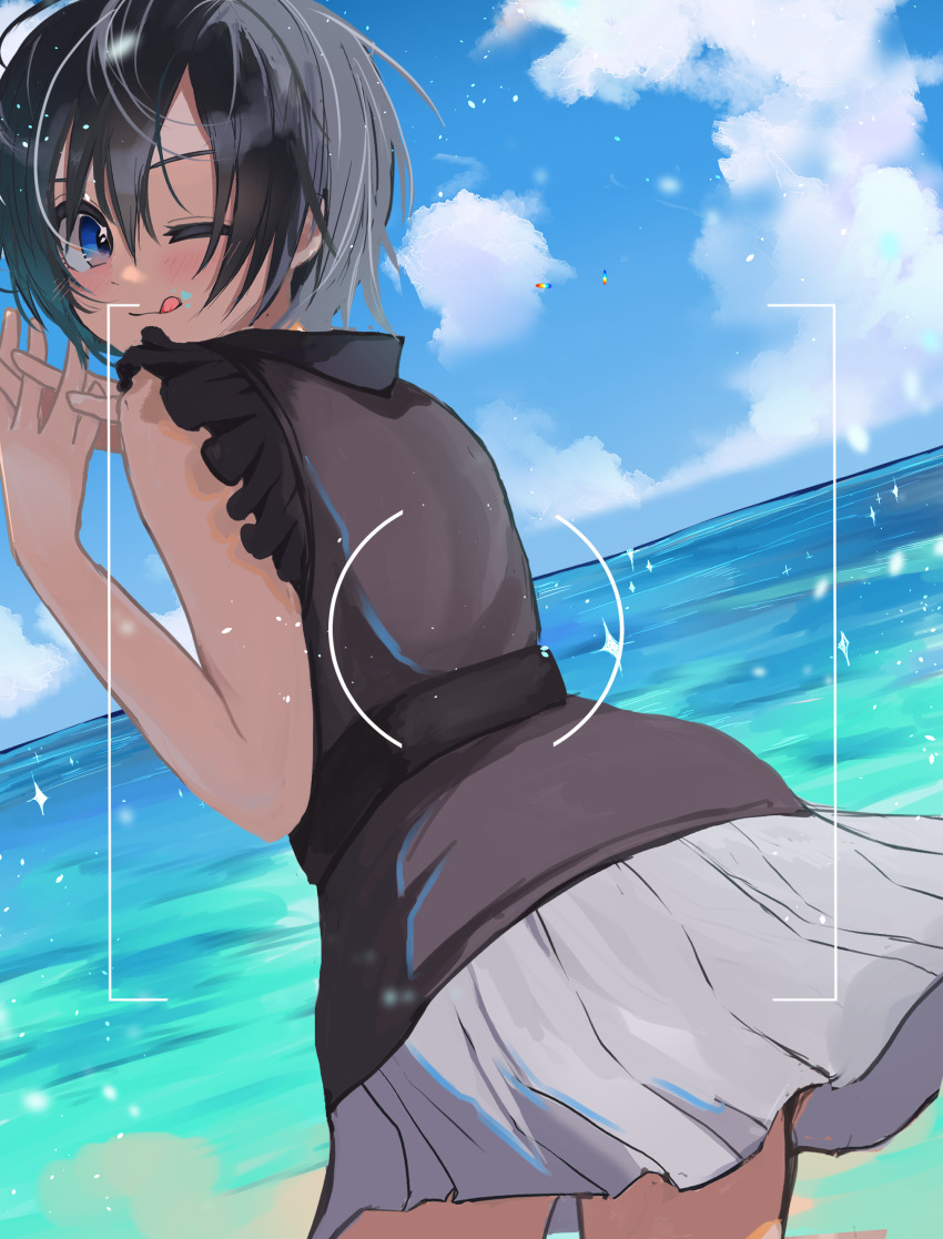 1girl ;q absurdres bare_shoulders beach belt black_belt black_hair black_shirt blue_eyes blue_sky cloud commentary_request grey_skirt hair_between_eyes highres interlocked_fingers kawame626 kingdom_hearts kingdom_hearts_iii looking_at_viewer miniskirt ocean official_alternate_costume one_eye_closed outdoors own_hands_together pleated_skirt shirt short_hair skirt sky sleeveless sleeveless_shirt solo tongue tongue_out water xion_(kingdom_hearts)