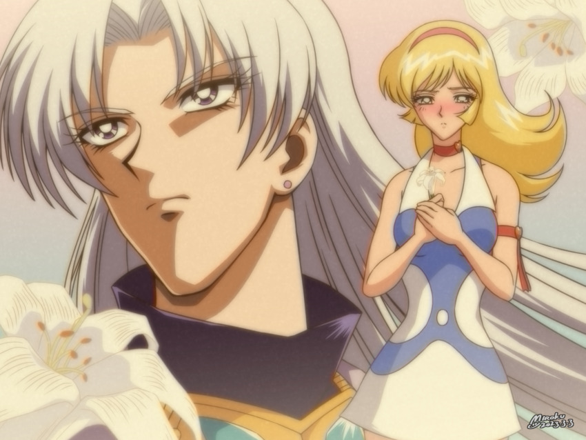 1990s_(style) 1boy 1girl armband bare_shoulders bishounen blonde_hair blue_eyes blush breasts choker cleavage collarbone cutie_honey cutie_honey_flash dated dress earrings eyelashes flower hairband heart heart_choker holding holding_flower jewelry kisaragi_honey lily_(flower) long_hair looking_to_the_side medium_breasts miroku_(miroku_t) parted_bangs prince_zera purple_eyes red_choker red_hairband retro_artstyle sidelocks signature standing white_hair white_lily