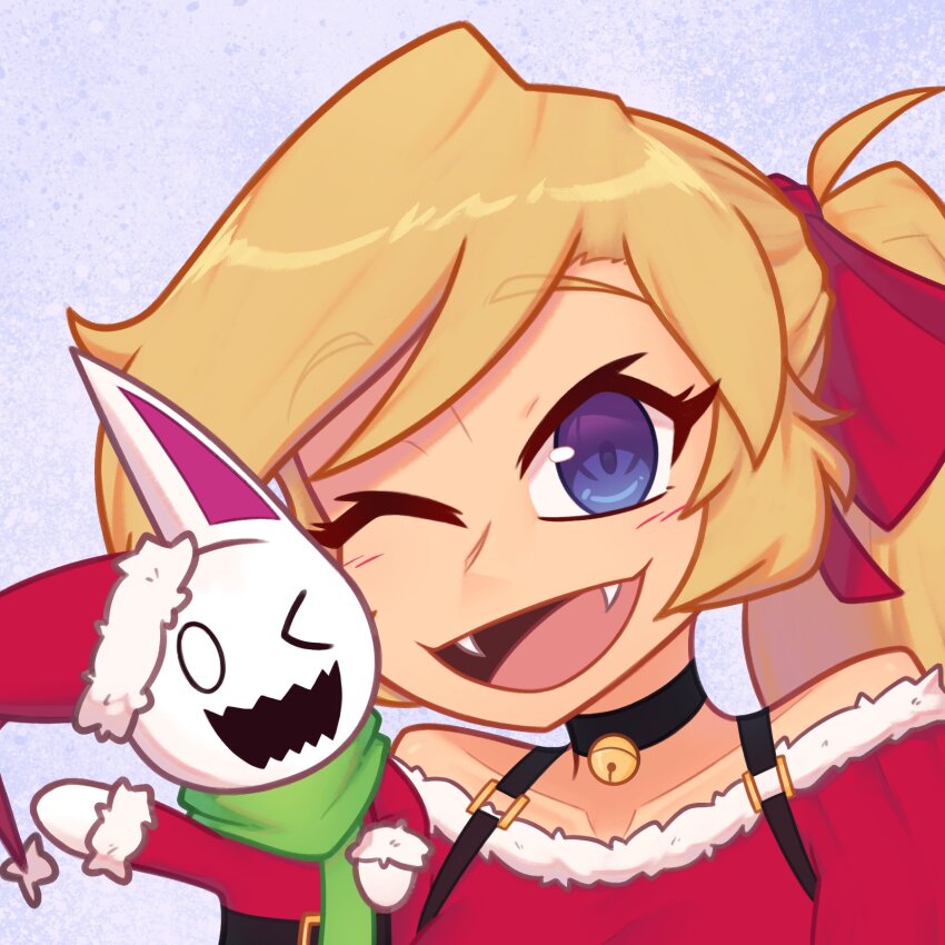 1girl 1other artist_self-insert bell belt belt_buckle black_belt black_choker blonde_hair blue_eyes bow buckle choker christmas close-up coat commentary dress english_commentary fangs fur_trim green_scarf hair_bow hand_puppet hat highres long_hair long_sleeves neck_bell nelly_(xyronii) one_eye_closed open_mouth original pointy_ears ponytail portrait profile_picture puppet red_bow red_coat red_dress red_hat santa_hat scarf smile waving xyronii