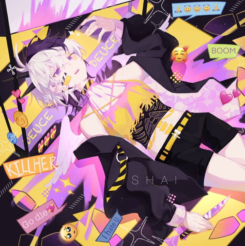 ahoge androgynous angel_wings artist_name belt black_jacket black_shorts blood choker crop_top emoji english_text flower_(vocaloid) flower_(vocaloid4) hairband highres holding holding_knife jacket knife multicolored_hair open_clothes open_jacket open_mouth pink_blood purple_eyes purple_hair shai61384166010 short_hair shorts skeleton_print speech_bubble spiked_hairband spikes sticker sticker_on_face streaked_hair tomboy traffic_jam_(vocaloid) two-tone_hair vocaloid white_hair wings yellow_belt