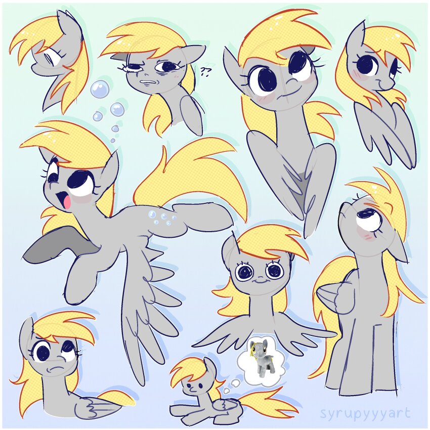 1girl :d ? absurdres angry animal blonde_hair blush bubble colored_skin cross-eyed cutie_mark derpy_hooves eyelashes feathered_wings feathers highres horse imagining long_hair looking_up messy_hair my_little_pony my_little_pony:_friendship_is_magic no_humans open_mouth pegasus pegasus_wings pony_(animal) smile soap_bubbles solo stuffed_toy syrupyyyart teeth wings