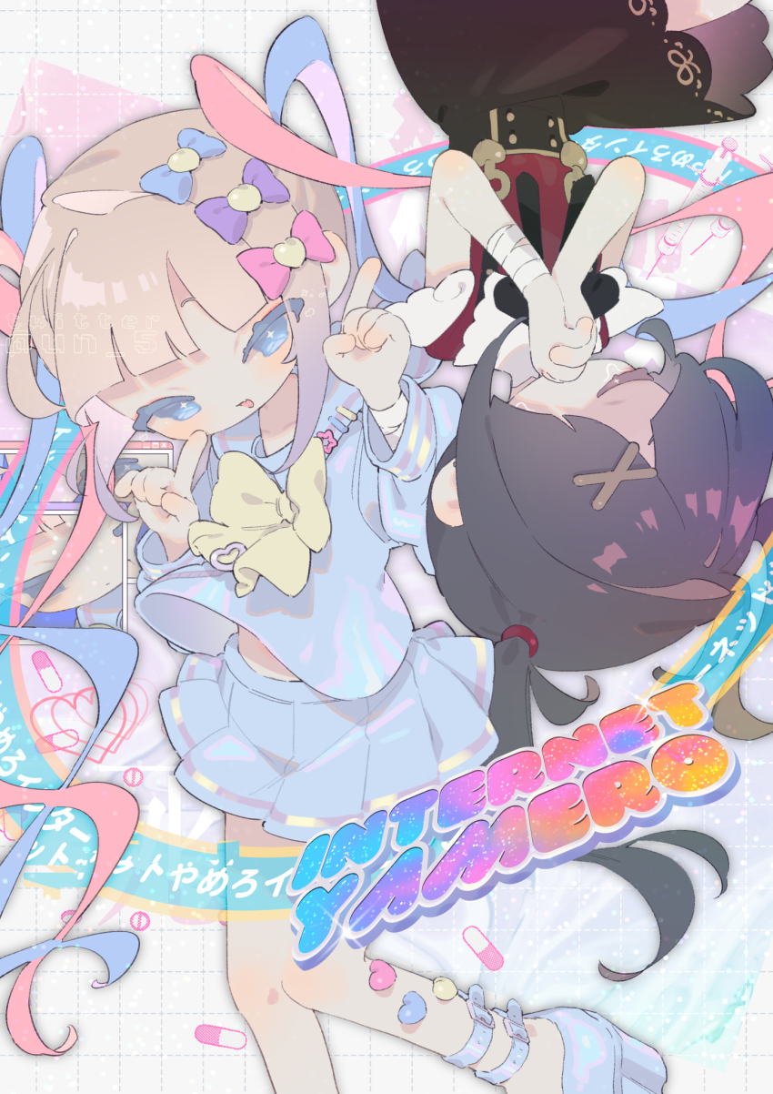 2girls ame-chan_(needy_girl_overdose) bandaged_arm bandages black_hair black_skirt blonde_hair blue_bow blue_eyes blue_footwear blue_hair blue_shirt blue_skirt bow chouzetsusaikawa_tenshi-chan collared_shirt hair_bow hair_ornament hair_over_one_eye highres holographic_clothing index_finger_raised long_hair long_sleeves multicolored_hair multiple_girls multiple_hair_bows needy_girl_overdose own_hands_together pill pink_bow pink_hair platform_footwear pleated_skirt purple_bow quad_tails red_shirt rotational_symmetry sailor_collar school_uniform serafuku shirt skirt song_name suspender_skirt suspenders tendoshi twintails very_long_hair x_hair_ornament yellow_bow