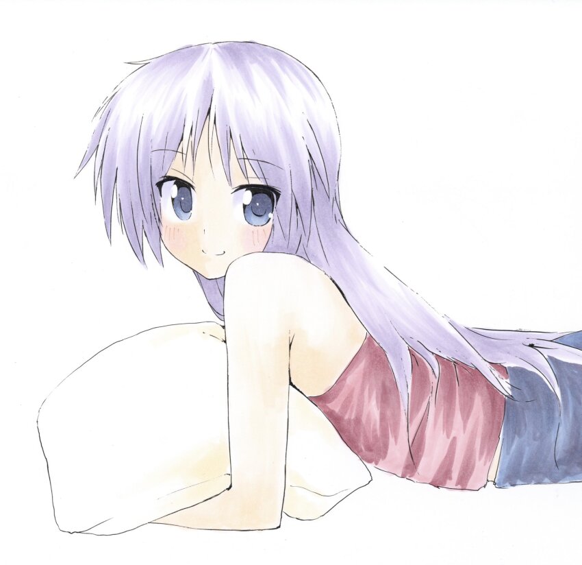 1girl bare_shoulders blue_eyes blush closed_mouth highres hiiragi_kagami hugging_object long_hair looking_at_viewer lucky_star lying number-only_commentary on_stomach pillow pillow_hug red_shirt shiki_59 shirt simple_background smile solo strapless tube_top upper_body white_background