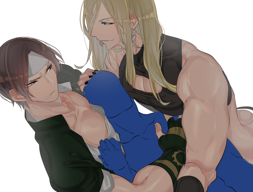 3boys bad_id bad_pixiv_id black_nails blonde_hair blue_eyes boy_sandwich brown_eyes brown_hair butt_crack cleavage_cutout clothing_cutout crop_top earrings faceless faceless_male hair_down headband heart heart_earrings jewelry kusanagi_kyou long_hair male_focus multiple_boys muscular nail_polish nikaido_benimaru nikaidou_benimaru pectorals sandwiched sex simple_background the_king_of_fighters zashima