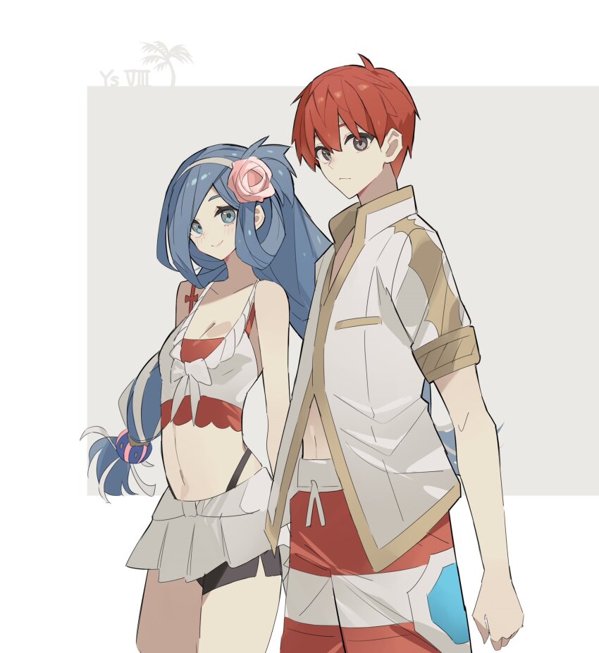 1boy 1girl adol_christin bike_shorts blue_eyes blue_hair breasts cleavage closed_mouth commentary_request copyright_name dana_iclucia flower george_man gold_trim grey_eyes hair_flower hair_ornament hairband highres long_hair looking_at_viewer low-tied_long_hair midriff_peek navel pink_flower red_hair red_shorts shirt shorts smile striped_clothes striped_shorts two-tone_shorts white_hairband white_shirt white_shorts ys ys_viii_lacrimosa_of_dana