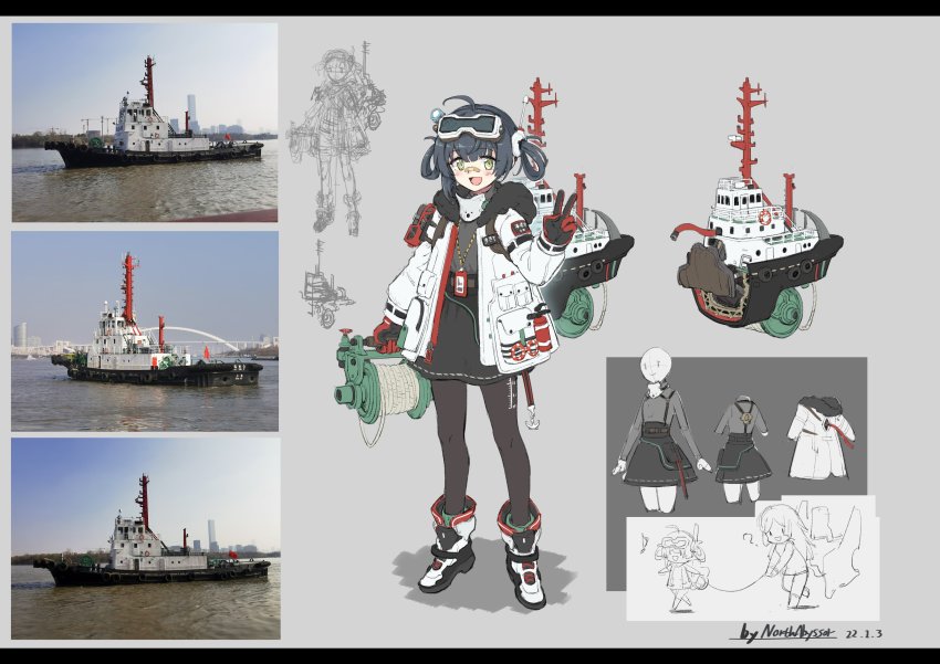 absurdres anchor black_hair black_pantyhose black_skirt gloves goggles goggles_on_head highres jacket lifebuoy mast miniskirt north_abyssor open_mouth original pantyhose personification ship skirt swim_ring tugboat two-tone_gloves v watercraft white_footwear white_jacket winch yellow_eyes