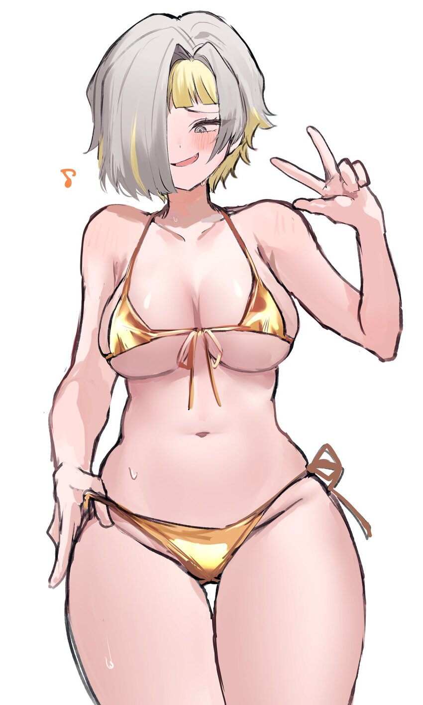 1girl bikini blonde_hair blush breasts embarrassed gold_bikini grey_hair hand_in_bikini highres kromer_(project_moon) limbus_company medium_breasts migishita multicolored_hair musical_note navel project_moon side-tie_bikini_bottom swimsuit two-tone_hair v white_eyes