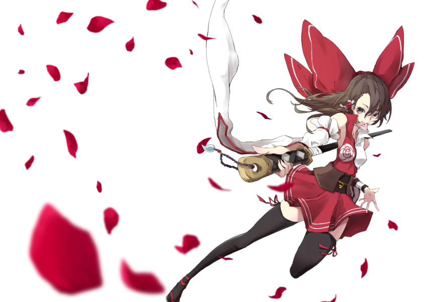 1girl adapted_costume alternate_costume blurry bow brown_hair comic depth_of_field detached_sleeves dress female_focus flower hair_bow hair_tubes hakurei_reimu hisany-spacecrayon katana long_hair petals rose rose_petals sleeveless sleeveless_dress smile solo sword thighhighs touhou weapon zettai_ryouiki