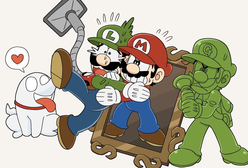 blue_eyes blue_overalls brown_hair facial_hair gloves gooigi green_shirt hat highres luigi luigi&#039;s_mansion luigi&#039;s_mansion_3 mario mario_(series) mimimi_(mimimim9999) multiple_boys mustache nintendo overalls poltergust_g-00 polterpup shirt short_hair super_mario-kun white_gloves