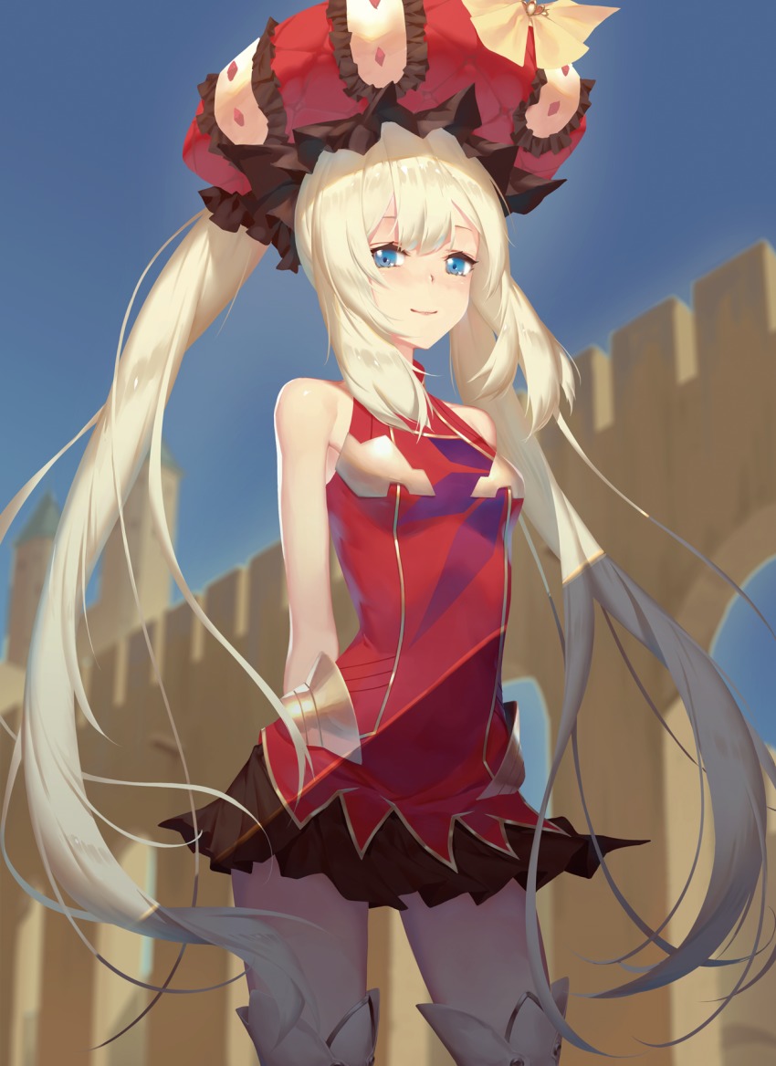 1girl arms_behind_back blue_eyes blue_sky breasts cowboy_shot day dress fate/grand_order fate_(series) female_focus from_below hair_between_eyes hat highres hoshi_o_mite long_hair marie_antoinette_(fate) outdoors red_dress short_dress silver_hair sky sleeveless sleeveless_dress small_breasts smile solo standing twintails very_long_hair