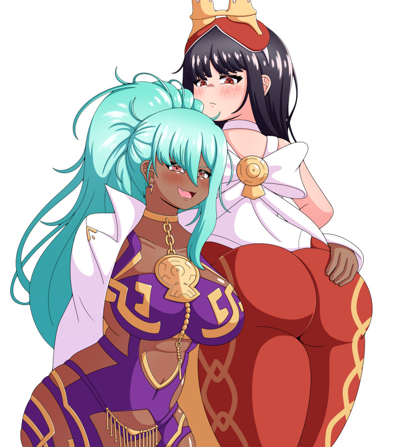 2girls aqua_hair ass ass_focus bare_shoulders binoculars black_hair blush breasts dark_skin dress fang fire_emblem fire_emblem_heroes from_behind hand_on_another&#039;s_ass hraesvelgr_(fire_emblem) huge_ass large_breasts long_hair looking_at_viewer looking_back looking_down multiple_girls nidhoggr_(fire_emblem) nintendo open_mouth orange_eyes pants ponytail red_eyes smile vlack