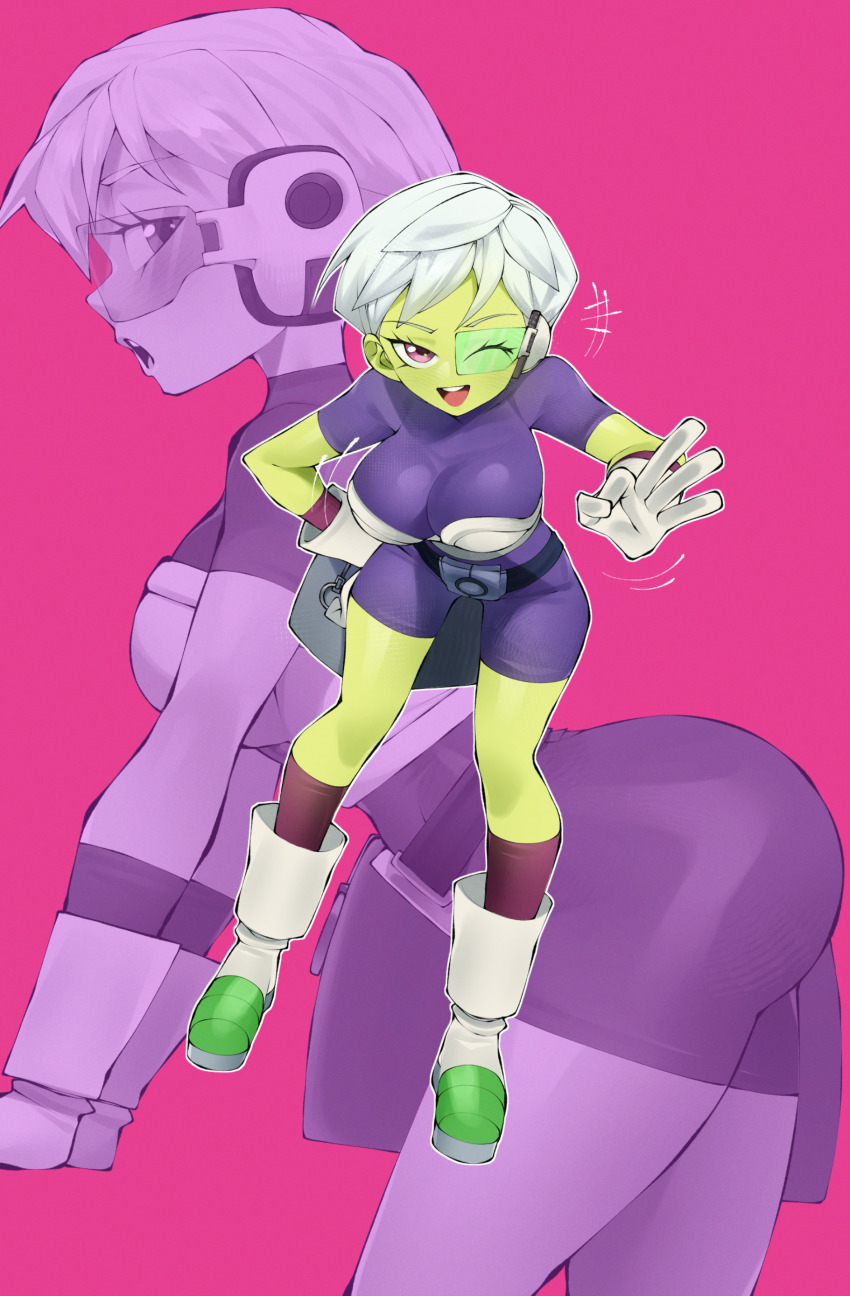 1girl ass breasts cheelai colored_skin dragon_ball dragon_ball_super dragon_ball_super_broly green_skin pink_eyes scouter short_hair tagme thick_thighs thighs white_hair