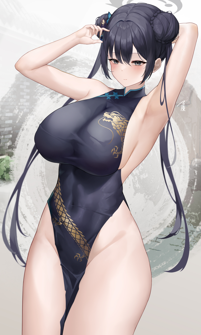 1girl absurdres aged_up alternate_breast_size armpits arms_up black_dress black_hair blue_archive breasts china_dress chinese_clothes closed_mouth covered_navel double_bun dress gradient_background grey_eyes hair_between_eyes hair_bun hair_ornament halo highres huge_breasts kisaki_(blue_archive) laochen large_breasts long_hair sideboob solo standing thighs twintails variant_set very_long_hair