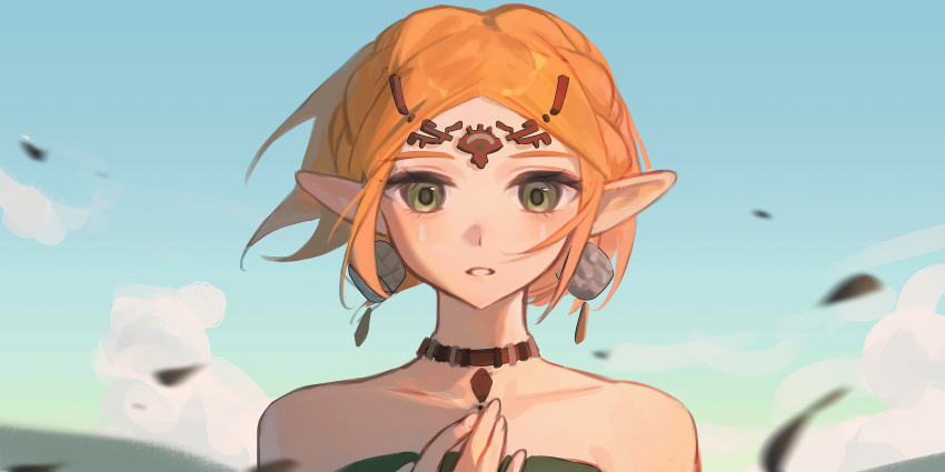 1girl absurdres bare_shoulders blonde_hair blue_sky blurry blurry_background braid circlet collarbone commentary crown_braid dress earrings falling_leaves green_dress green_eyes hand_on_own_chest highres jewelry leaf looking_at_viewer necklace nintendo parted_lips pointy_ears princess_zelda short_hair sky solo straight-on strapless strapless_dress the_legend_of_zelda the_legend_of_zelda:_tears_of_the_kingdom upper_body yumiyumo3o