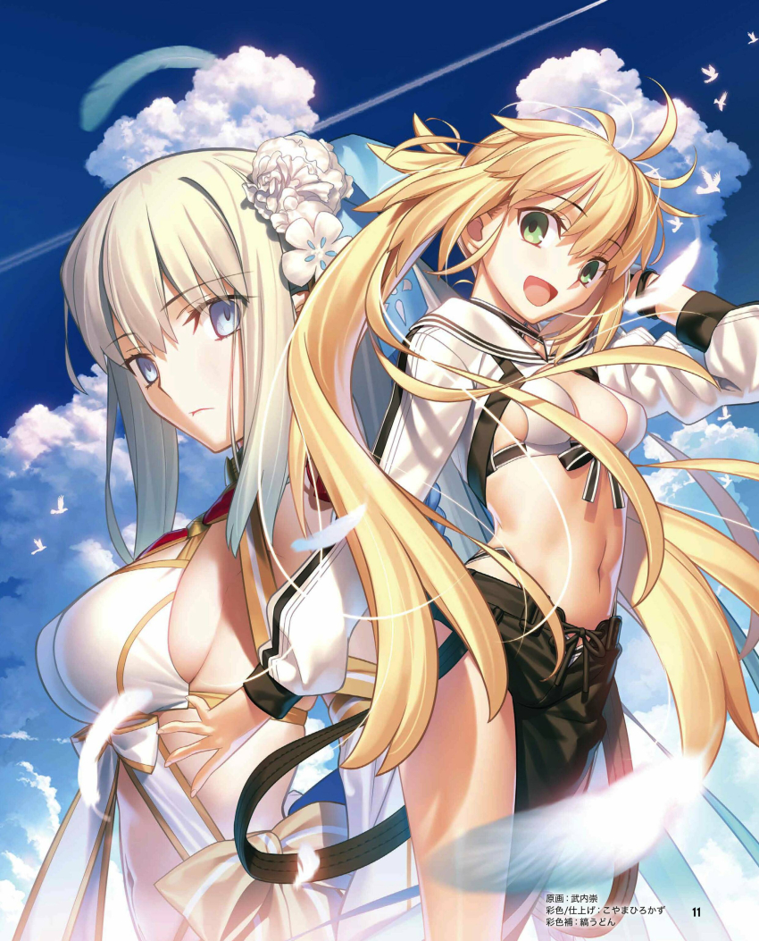 2girls absurdres ahoge artoria_caster_(fate) artoria_caster_(swimsuit)_(fate) artoria_pendragon_(fate) bikini blonde_hair blue_eyes breasts closed_mouth cloud cloudy_sky famitsu fate/grand_order fate_(series) flower green_eyes grey_hair hair_flower hair_ornament highres large_breasts long_sleeves looking_at_viewer morgan_le_fay_(fate) multiple_girls official_art open_mouth sky small_breasts swimsuit takeuchi_takashi twintails uvula white_bikini white_flower