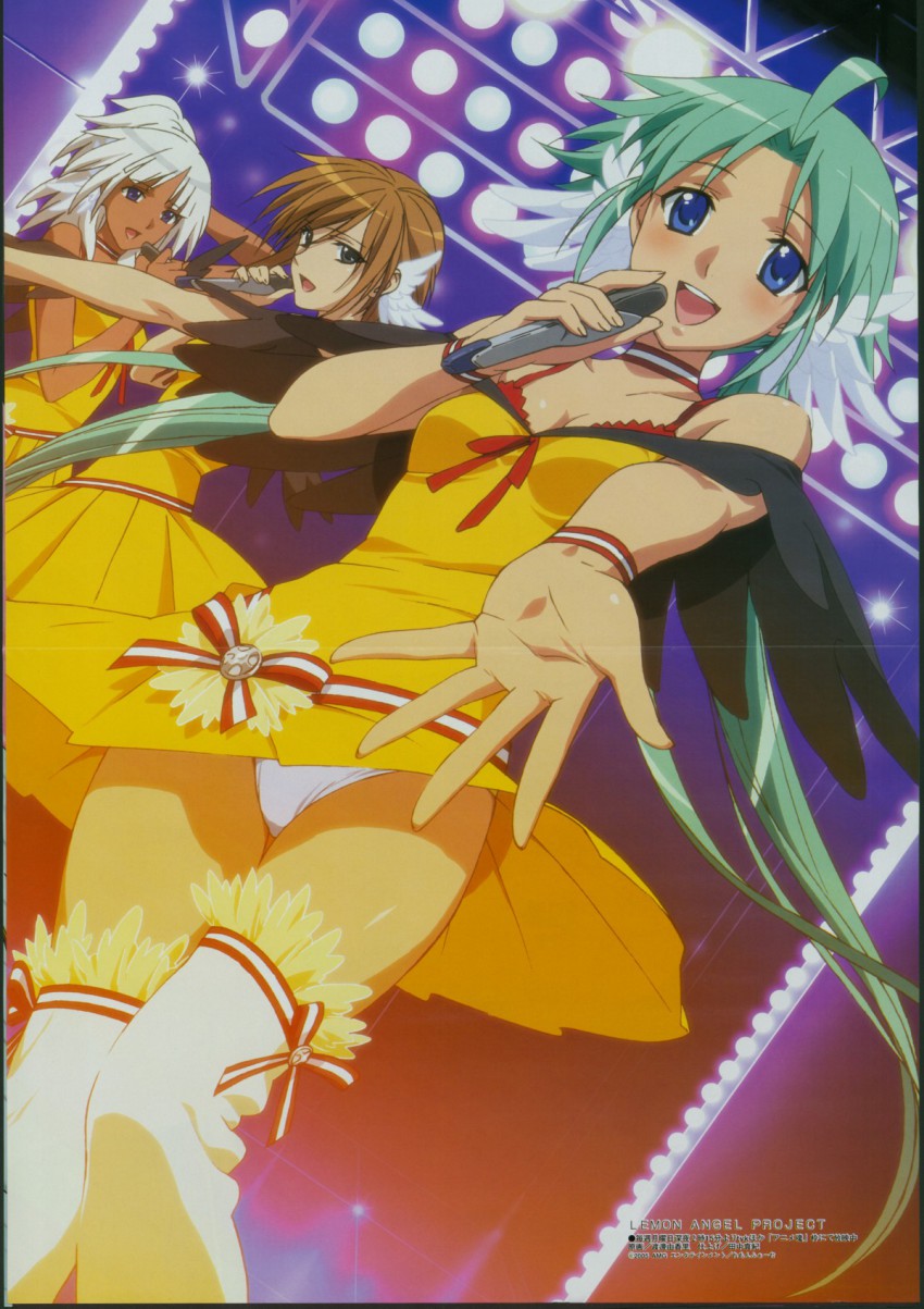 00s 3girls ahoge aqua_hair blue_eyes brown_hair concert crease dress erica_campbell grey_eyes head_wings highres idol lemon_angel_project megami_magazine microphone minaguchi_tomo multiple_girls music official_art open_mouth outstretched_hand panties pantyshot purple_eyes scan singing smile suwa_miki thighhighs underwear upskirt watanabe_yukari white_hair wings