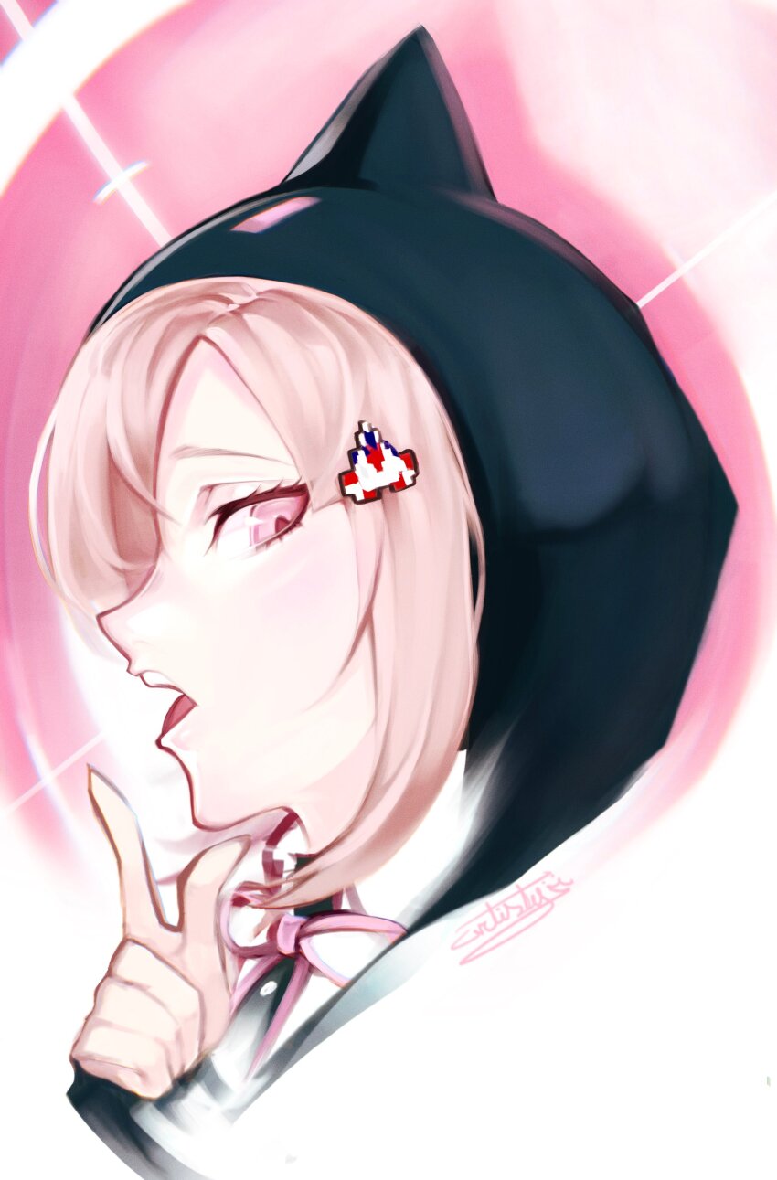 1girl :d absurdres artistyii brown_hair danganronpa_(series) danganronpa_2:_goodbye_despair galaga green_jacket hand_up highres hood hood_up hooded_jacket index_finger_raised jacket nanami_chiaki neck_ribbon open_mouth pink_background pink_eyes pink_ribbon profile ribbon smile solo two-tone_shirt