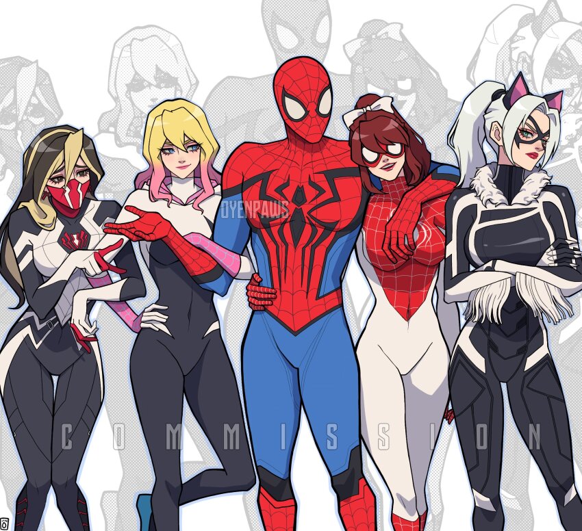 1boy animal_ears animal_print black_bodysuit black_cat_(marvel) blonde_hair blue_bodysuit blue_eyes bodysuit breasts cat_ears cindy_moon domino_mask felicia_hardy fur-trimmed_bodysuit girl_sandwich gwen_stacy highres hood hooded_bodysuit latex latex_bodysuit marvel mary_jane_watson mask mouth_mask oyenpaws ponytail print_bodysuit red_bodysuit sandwiched short_hair silk silk_(marvel) smile spider-gwen spider-man spider-man:_into_the_spider-verse spider-man_(series) spider-verse spider_print spider_web spider_web_print spinneret_(marvel) superhero_costume two-tone_bodysuit