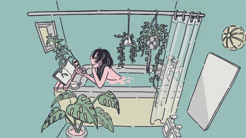 1girl bathing bathtub black_hair book completely_nude cup holding holding_phone indoors leaf long_hair nude okada87769911 open_book original partially_submerged phone plant plate potted_plant profile shower_curtain solo teacup wide_shot