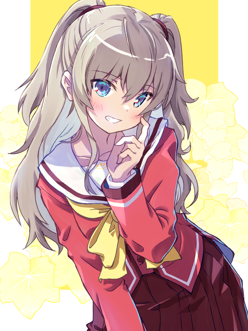 1girl akayama_yukihe blue_eyes blush brown_hair charlotte_(anime) collarbone head_tilt highres long_hair long_sleeves looking_at_viewer neckerchief pleated_skirt red_serafuku ribbon sailor_collar school_uniform serafuku skirt smile solo teeth tomori_nao twintails yellow_ribbon